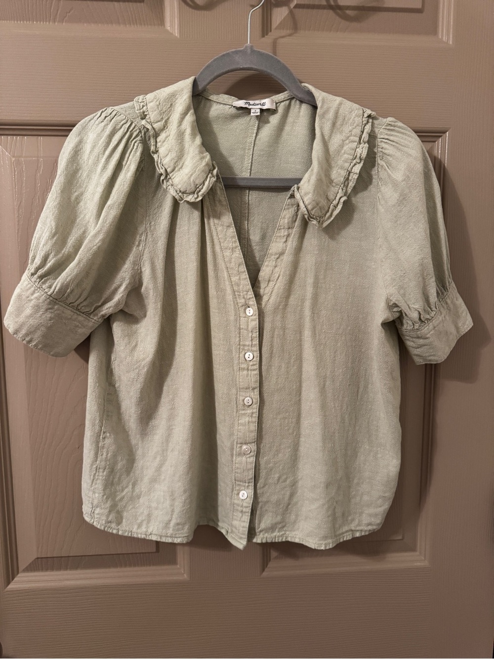 Madewell Light Sage Ruffled Peter Pan Button-Down Top